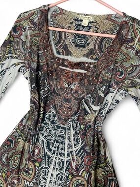 Energie Paisley Print Long Sleeve Top in Olive, Rust, Cream